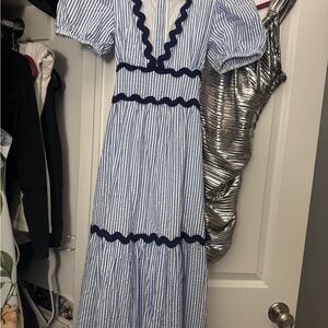 Blue and White Tiered Maxi Sundress with Puff Sleeves